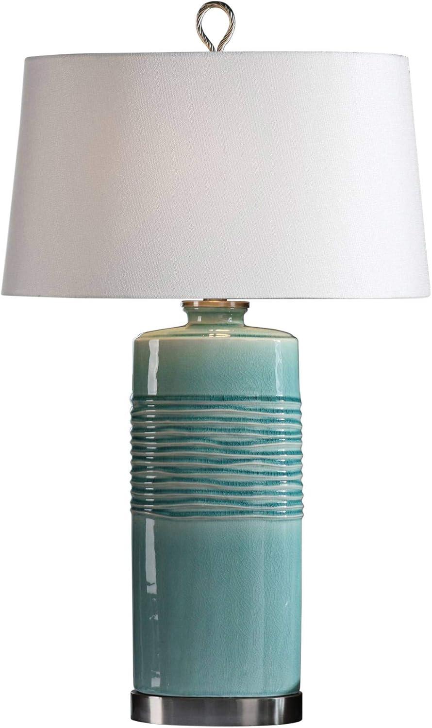 Distressed Teal Ceramic Table Lamp with Oval Linen Shade