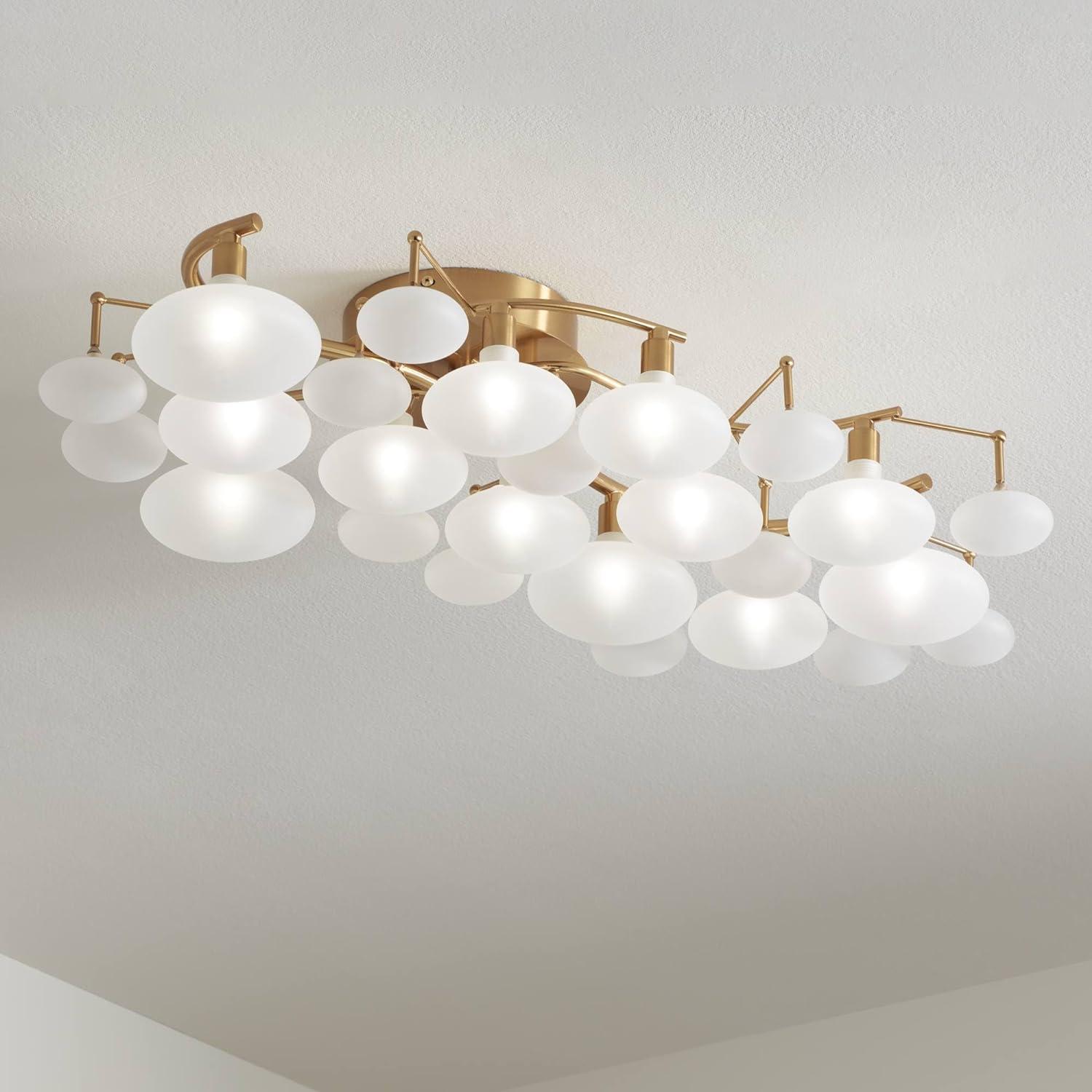 Warm Brass and Frosted Glass 12-Light Semi-Flush Mount Ceiling Fixture