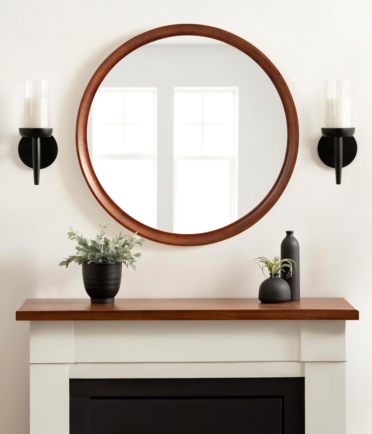 Kate and Laurel Hatherleig Round Wood Round Mirror, 30" Diameter, Rustic Brown