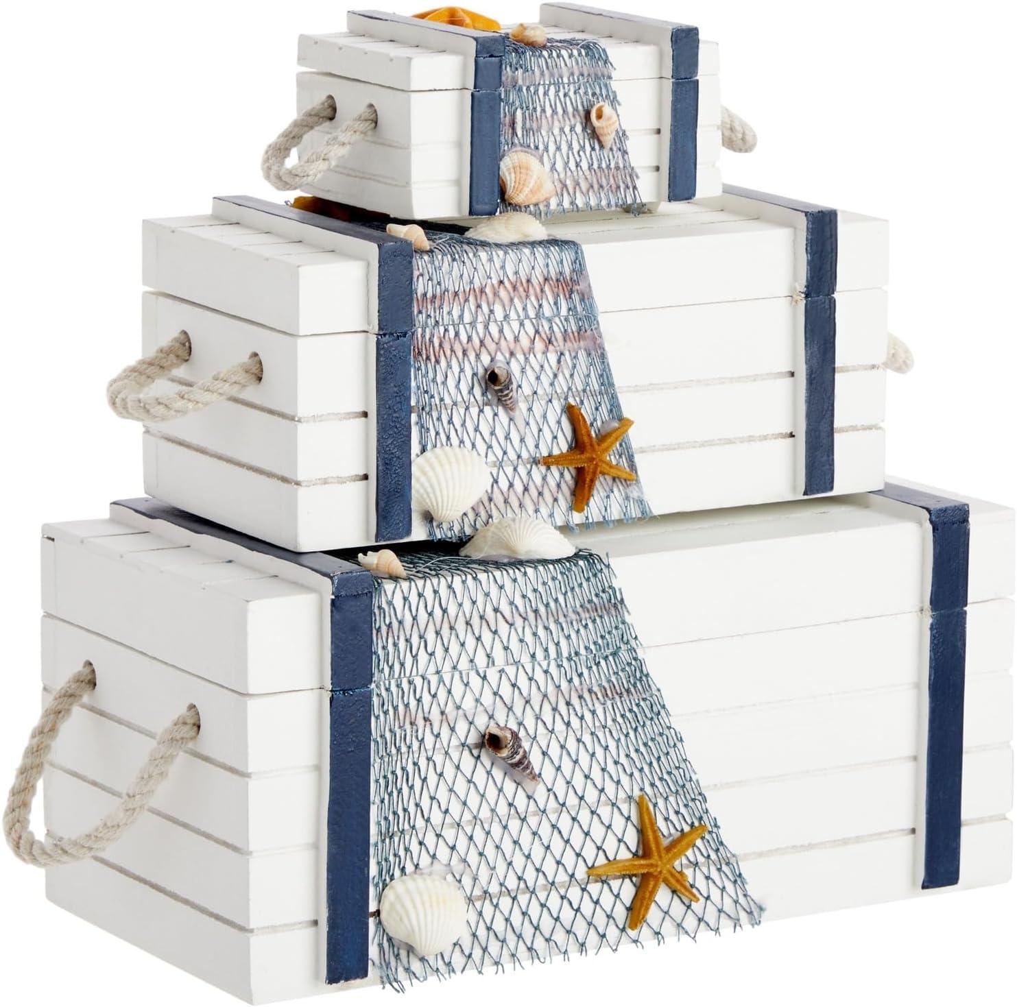 Nautical Box Set, Beach Theme Wooden Jewelry Boxes for Ocean Decor (3 Sizes)