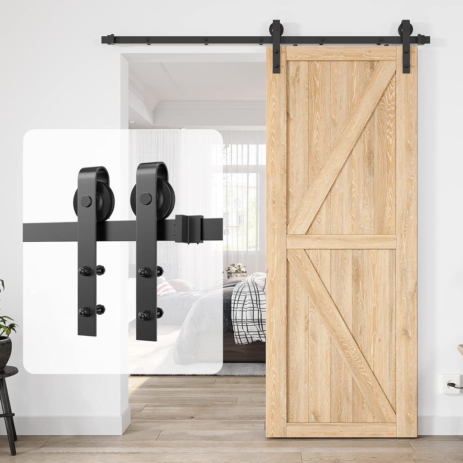 6FT Heavy Duty Barn Door Hardware Kit, Sliding Barn Door Hardware Kit for Wood Single Barn Door, Fit 1 3/8-1 3/4" Thickness & 36" Wide Door Panel, Black, Industrial Big Wheel J Hangers