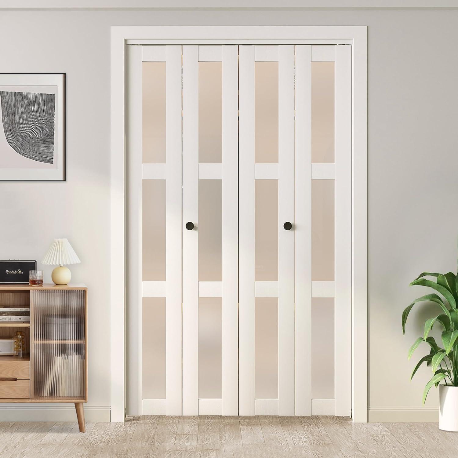 CHIC MODE Double Bifold Doors 3 Lite Frosted Glass Solid Manufactured Wood Prefinished Folding Door