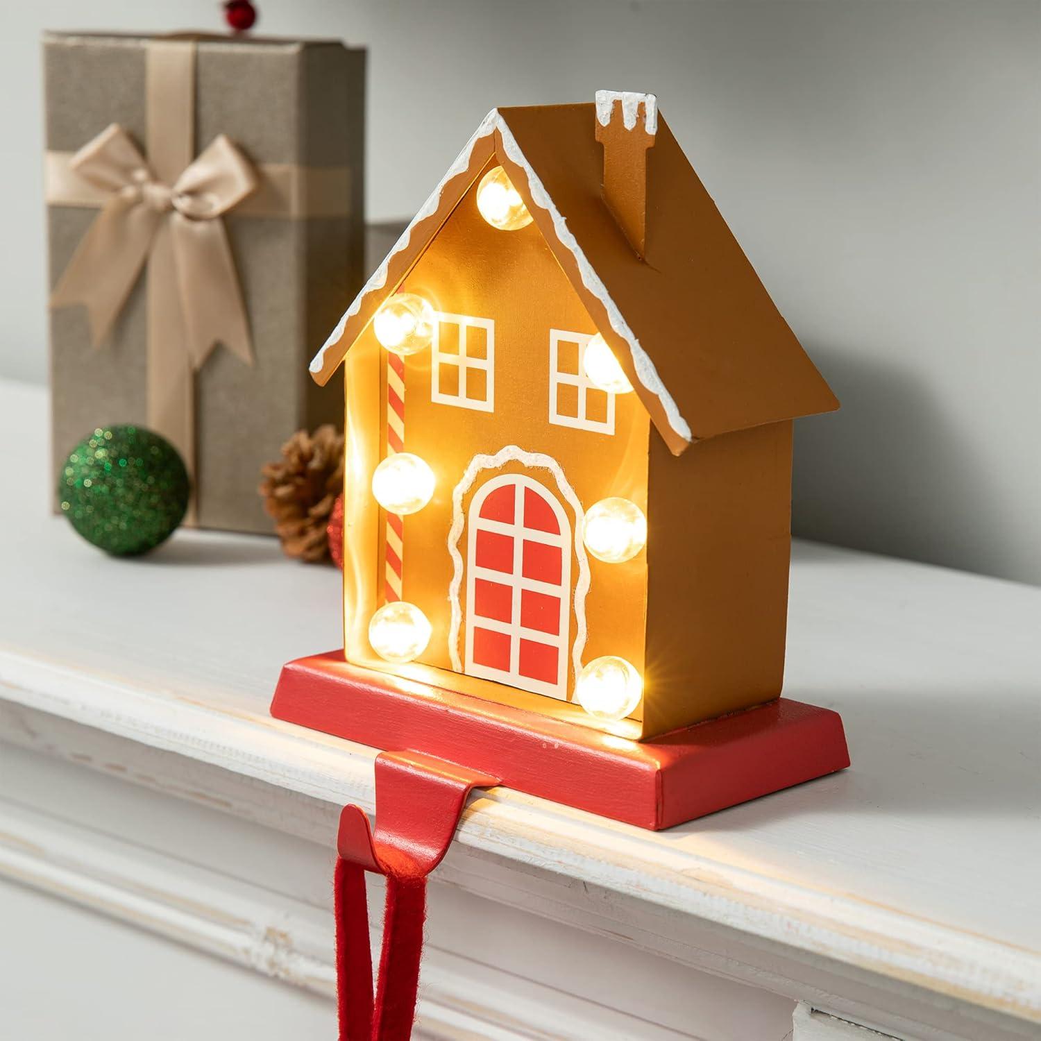 Glitzhome 6.75" H LED Light Gingerbread House Christmas Stocking Holder,Metal Xmas Hanging Hooks Stocking Hanger Battery Operated Stocking Holders for Fireplace Mantle Seasonal Decor