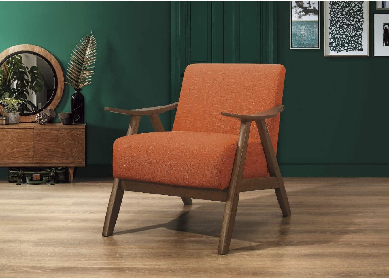 Accent Chair, Mid-Century Linen Upholstered Leisure Armchair with Solid Wood Frame and Back, Comfy Single Sofa Lounge Chair Reading Chair for Living Room, Bedroom, Apartment, Orange