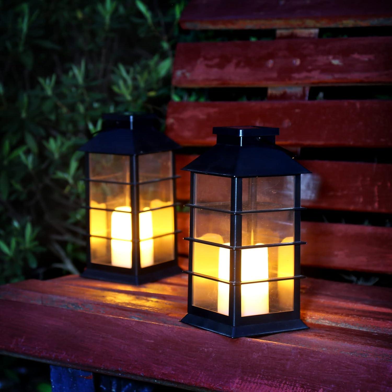 Black Antique LED Flameless Candle Solar Lanterns, Set of 2