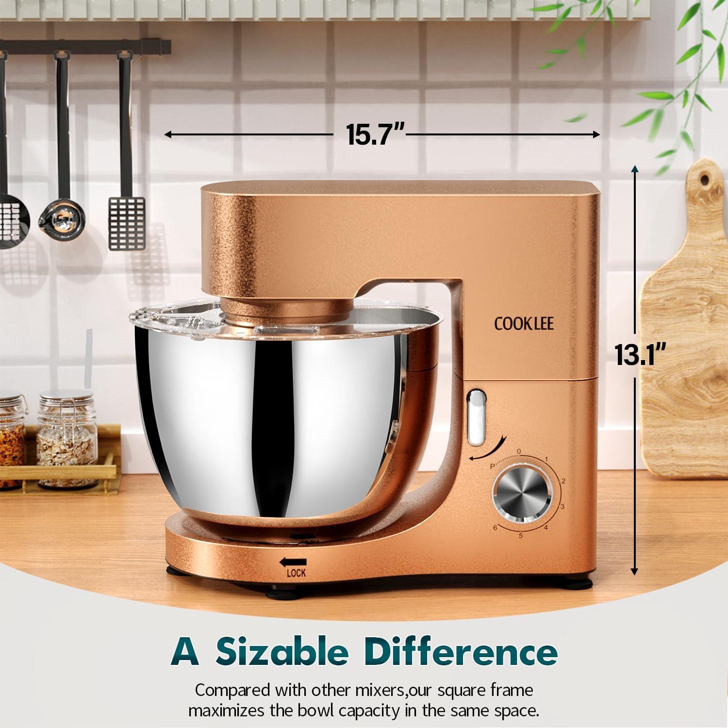 COOKLEE Stand Mixer, 9.5 Qt. 660W 10-Speed Electric Kitchen Mixer with Dishwasher-Safe Dough Hooks, Flat Beaters, Wire Whip & Pouring Shield Attachments for Most Home Cooks, Champagne