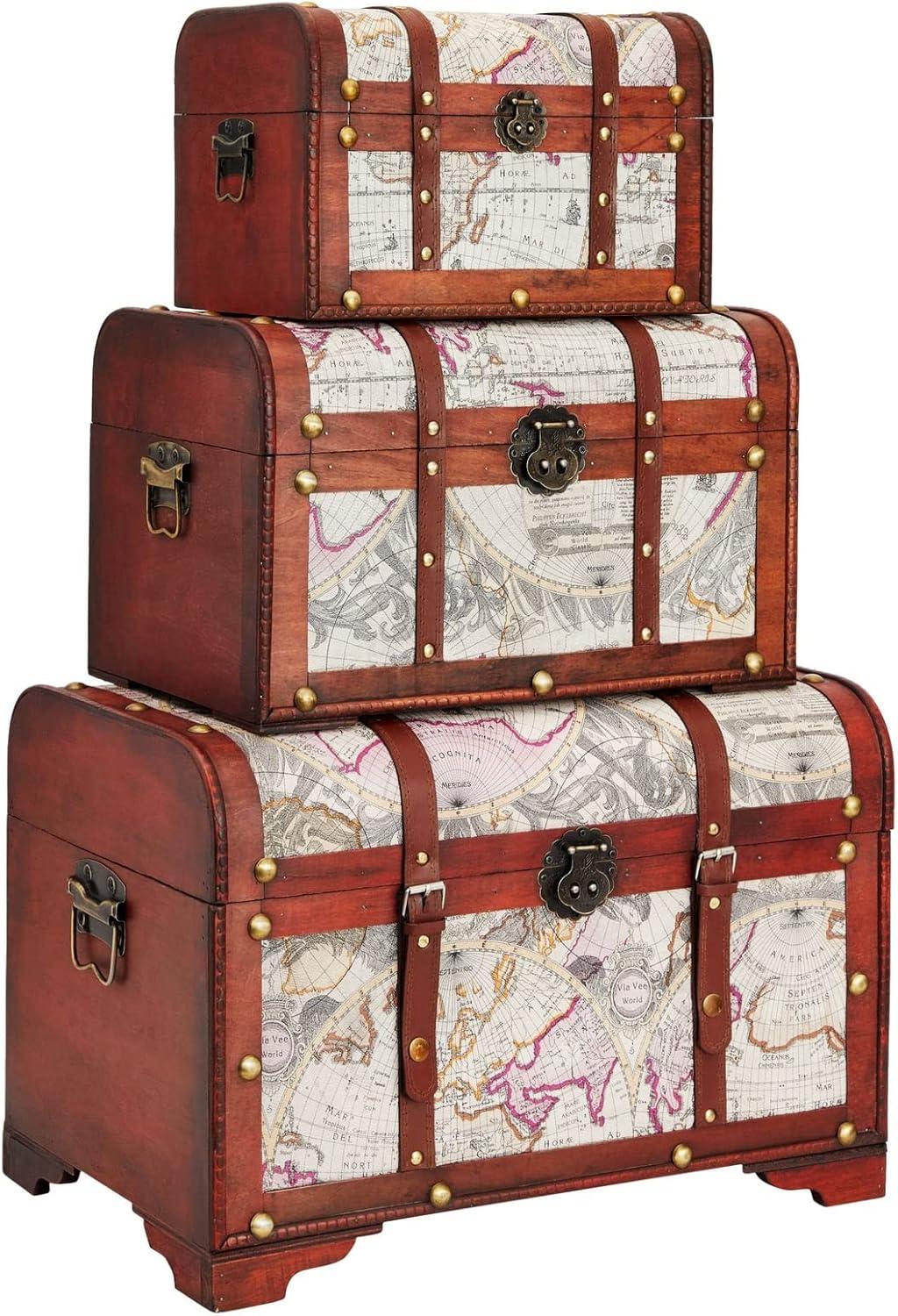 Juvale Set of 3 Small Wooden Storage Trunks and Chests, Living Room Décor Suitcases with Antique Map Print for Jewelry, 3 Sizes