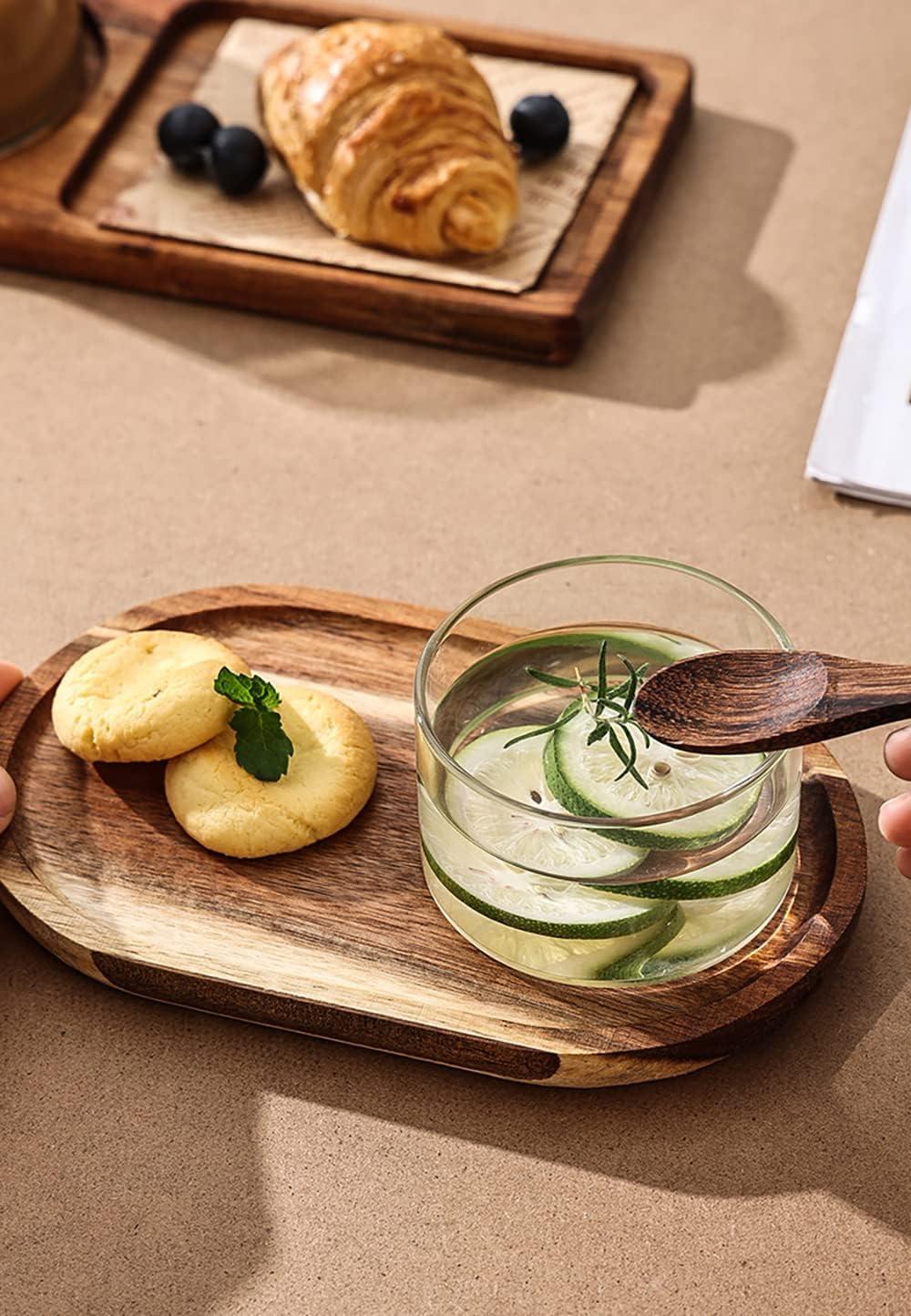 SPEShh Acacia Wooden Serving Trays Set of 2 - Rectangular Oval Shaped Wood Plates for Charcuterie Cheese Bread Fruit Vegetable Dip Sushi - Rustic Serving Platter Shallow Dishes -14x7 & 11x5.5 In.