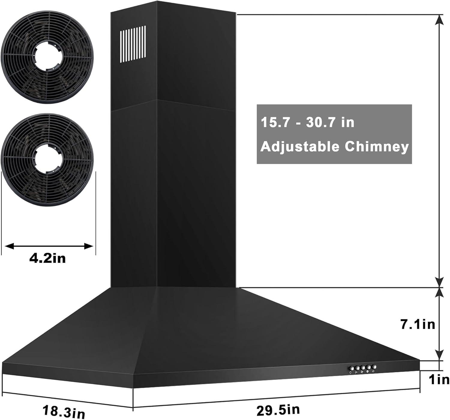 30 Inch Black Range Hood with Charcoal Filters, 450 CFM Stainless Steel Wall Mount Kitchen Hood, Button Control Over Stove Vent Hood with 3 Speed Noiseless Fan, LED Light (450CFM)