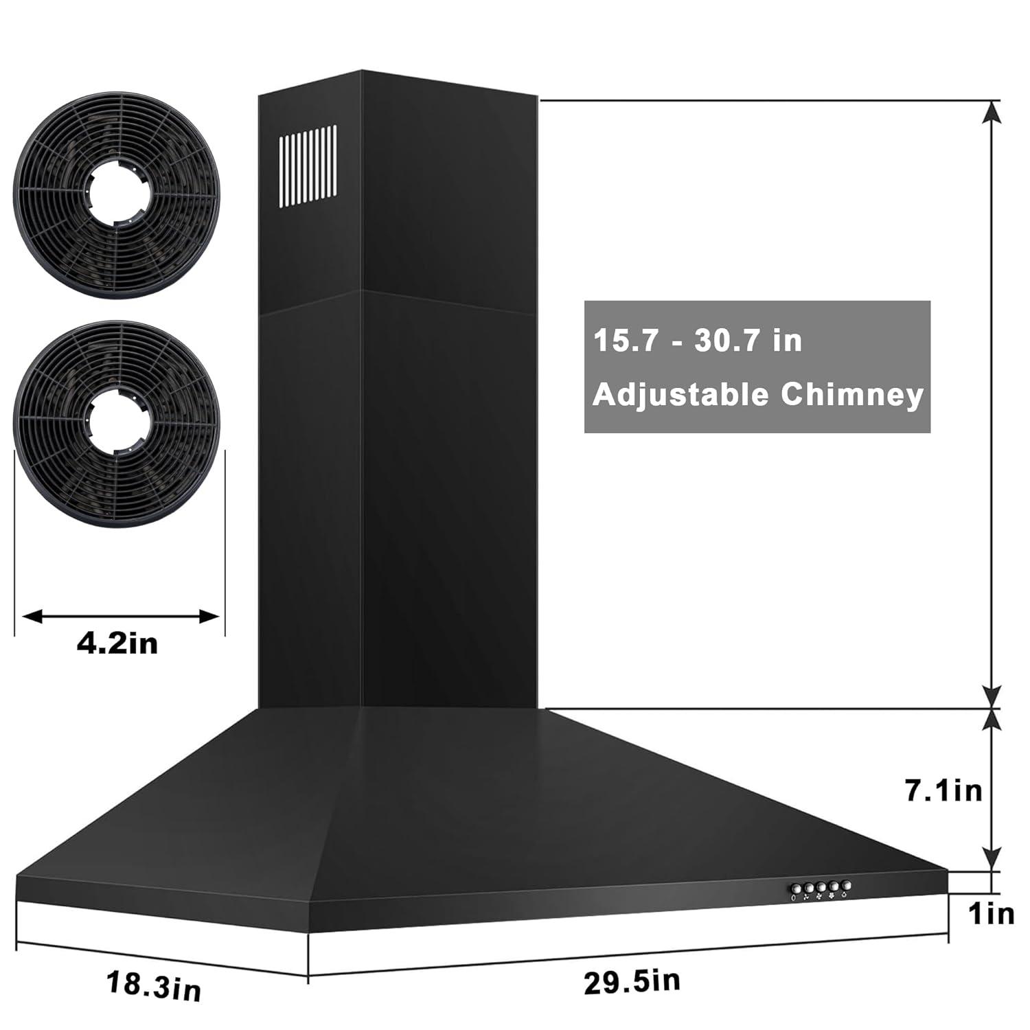 30 Inch Black Range Hood with Charcoal Filters, 450 CFM Stainless Steel Wall Mount Kitchen Hood, Button Control Over Stove Vent Hood with 3 Speed Noiseless Fan, LED Light (450CFM)