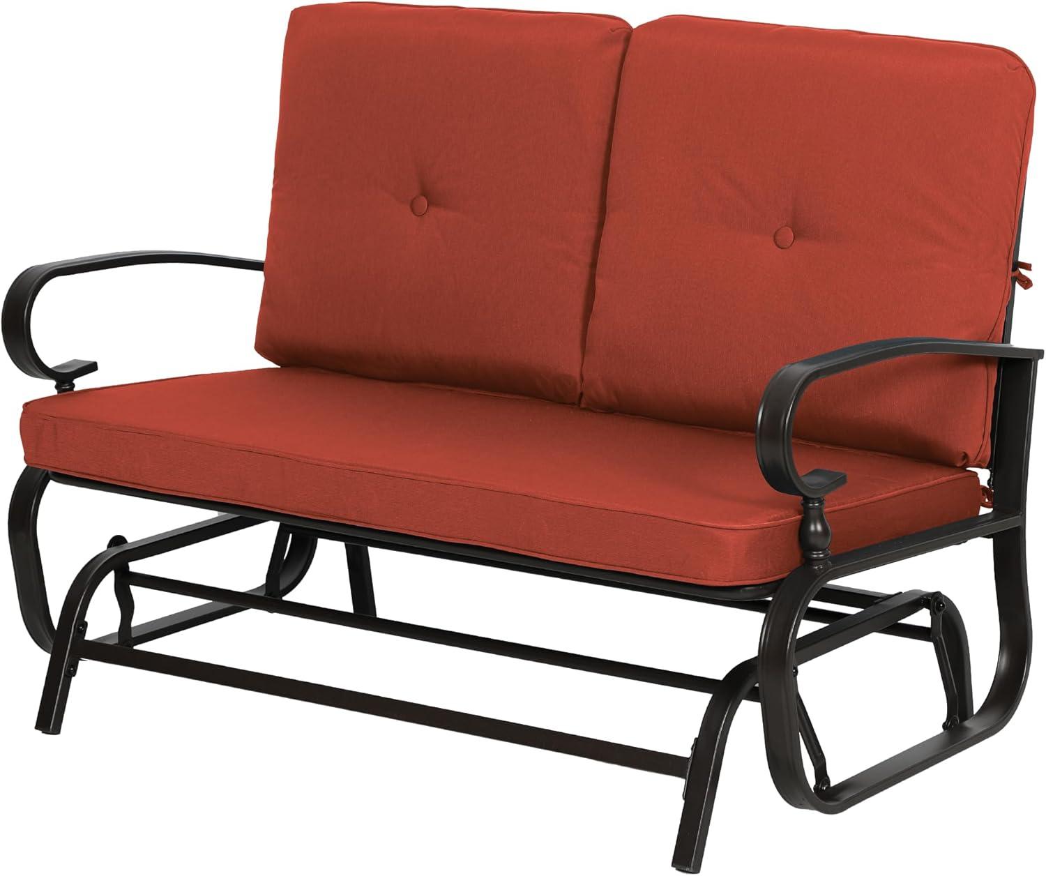 Outdoor Loveseat Patio Glider Rocking Bench 2 Seats Wrought Iron Chair Set with Red Cushion
