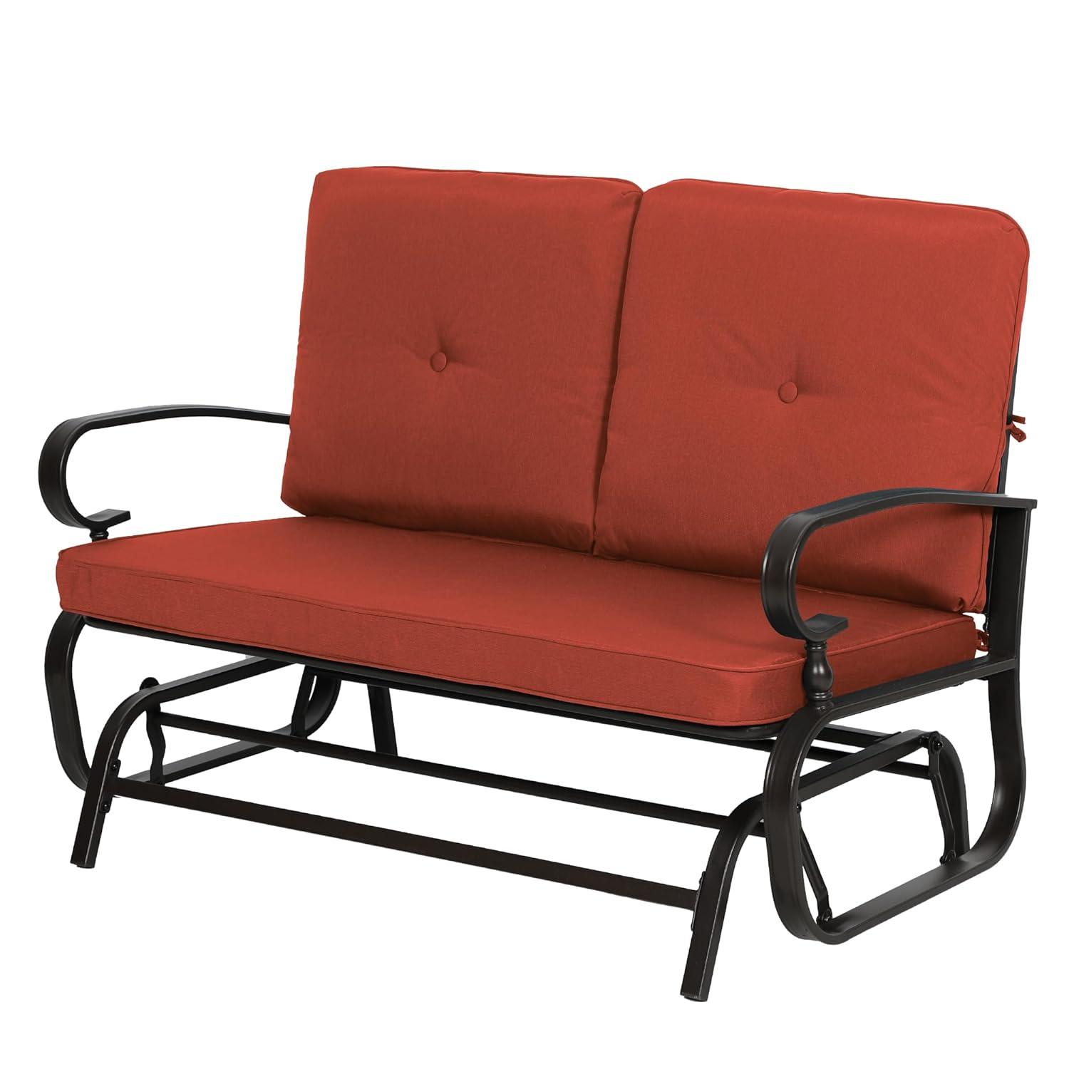 Outdoor Loveseat Patio Glider Rocking Bench 2 Seats Wrought Iron Chair Set with Red Cushion