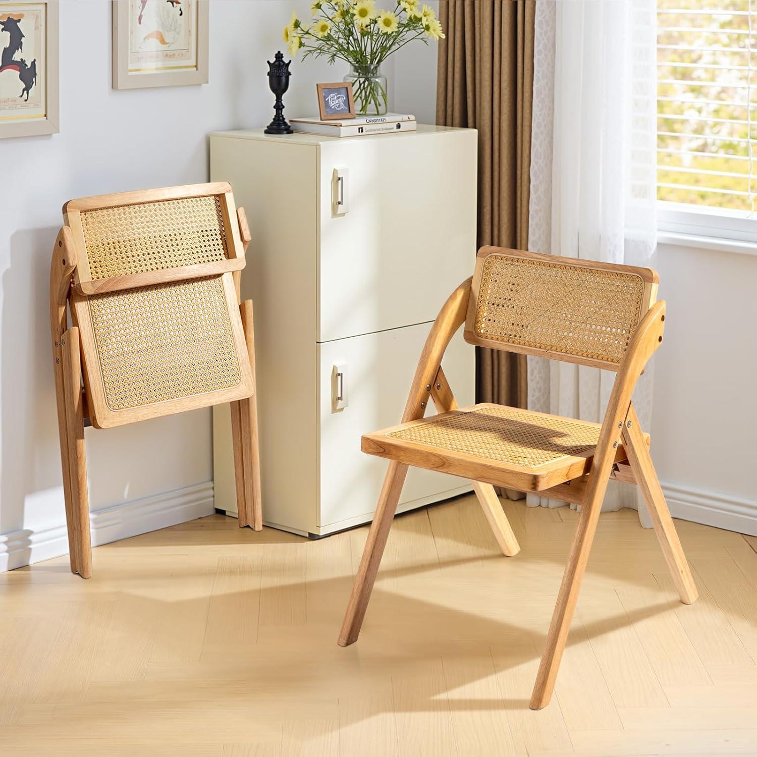 Karl home Wooden Rattan Folding Chairs 2 Pack, Portable Folding Chairs for Indoor, Ideal for Kitchen Dining Room, Office Wedding, Party, Picnic, Natural