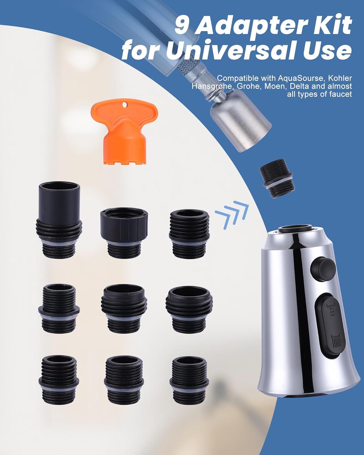 Chrome 3-Function Kitchen Faucet Spray Head with 9 Adapters