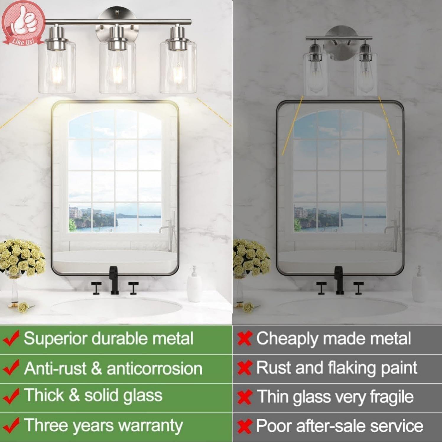 3-Light Bathroom Light Fixtures, Brushed Nickel Vanity Light, Farmhouse Wall Lights with Clear Glass Shade, Bathroom Wall Lamp for Mirror Kitchen Bedroom Hallway Living Room Hallway Cabinet