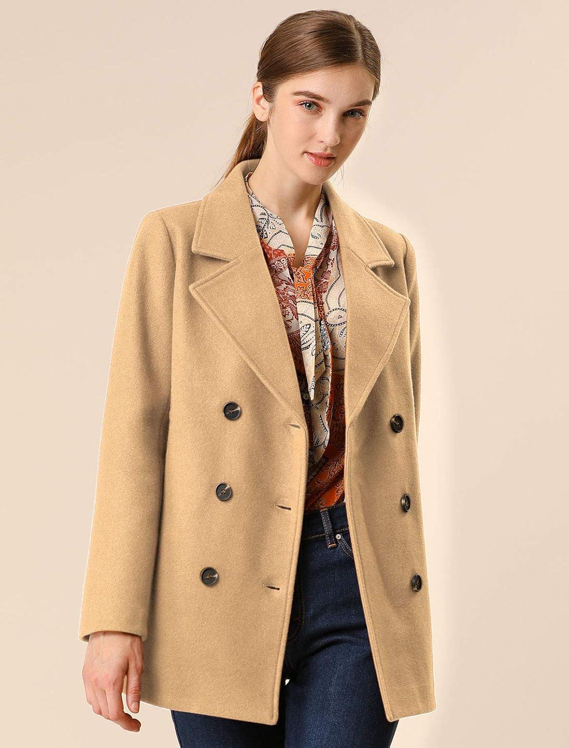 Allegra K Women's Long Sleeves Double Breasted Button Winter Outerwear Pea Coat Camel X-Large