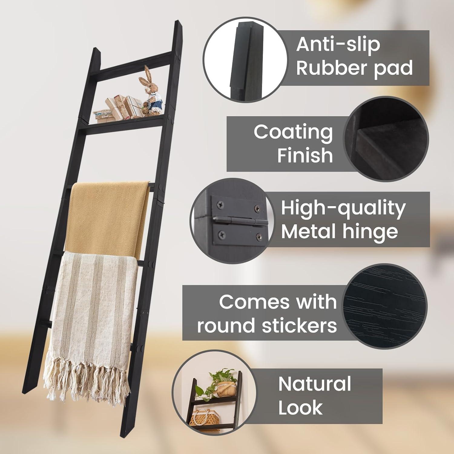 Blanket Ladder, 5-Tier Wooden Quilt Stand, Decorative Ladder Shelf, Leaning Shelf, Wall Leaning Blanket Ladder Towel Storage Rack for Living Room (Black)