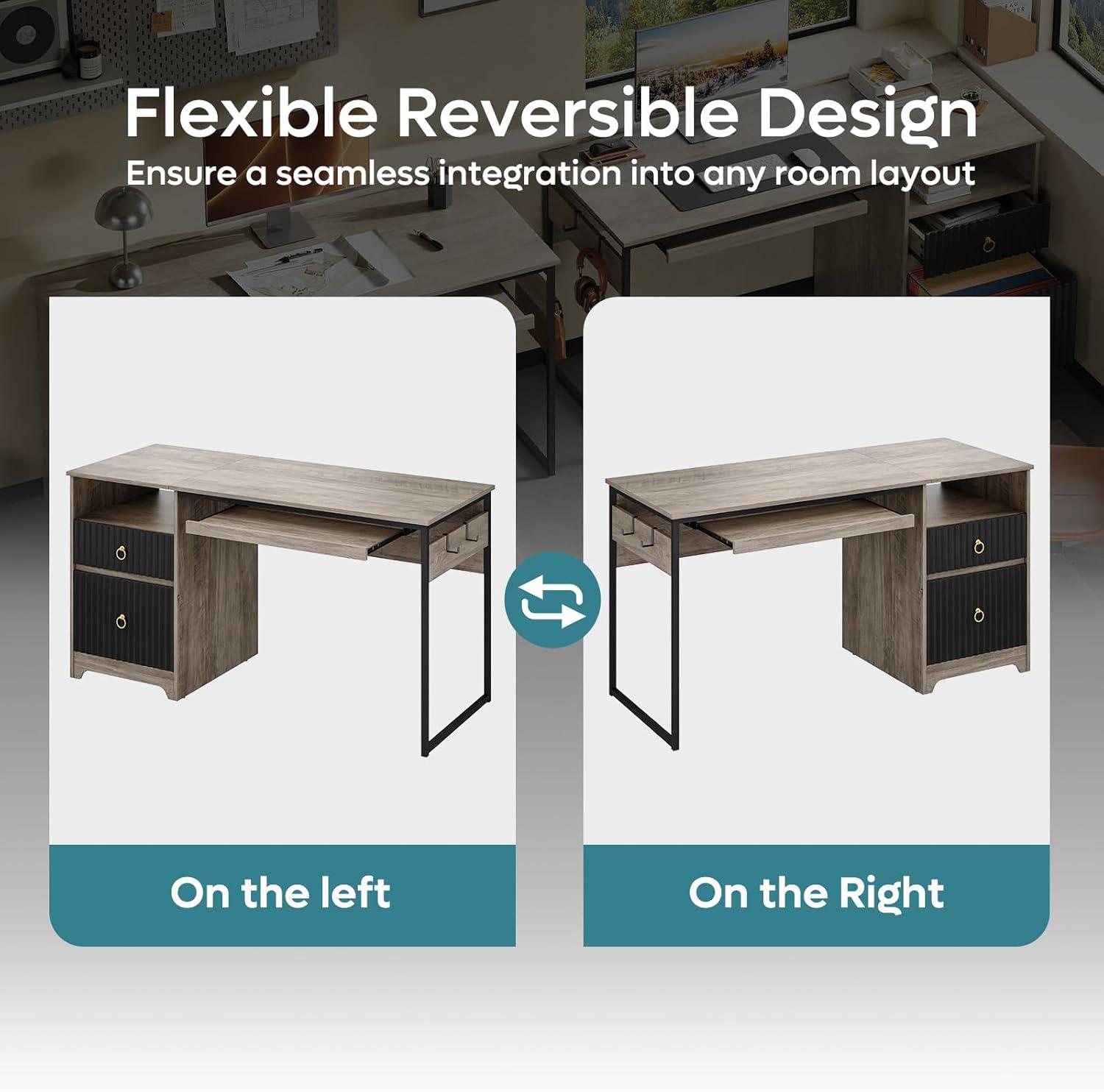 Bestier 55 inch Computer Desk with Drawers & Keyboard Tray & File Cabinet Home Office Desk in Grey