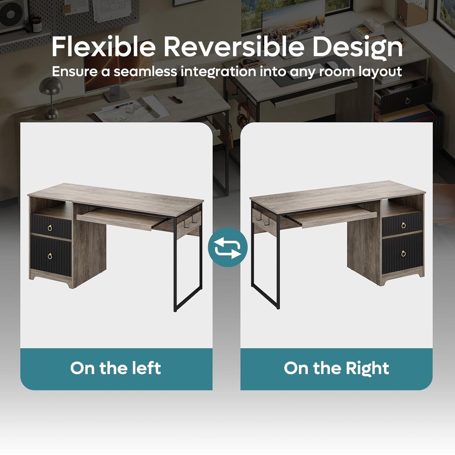 Bestier 55 inch Computer Desk with Drawers & Keyboard Tray & File Cabinet Home Office Desk in Grey