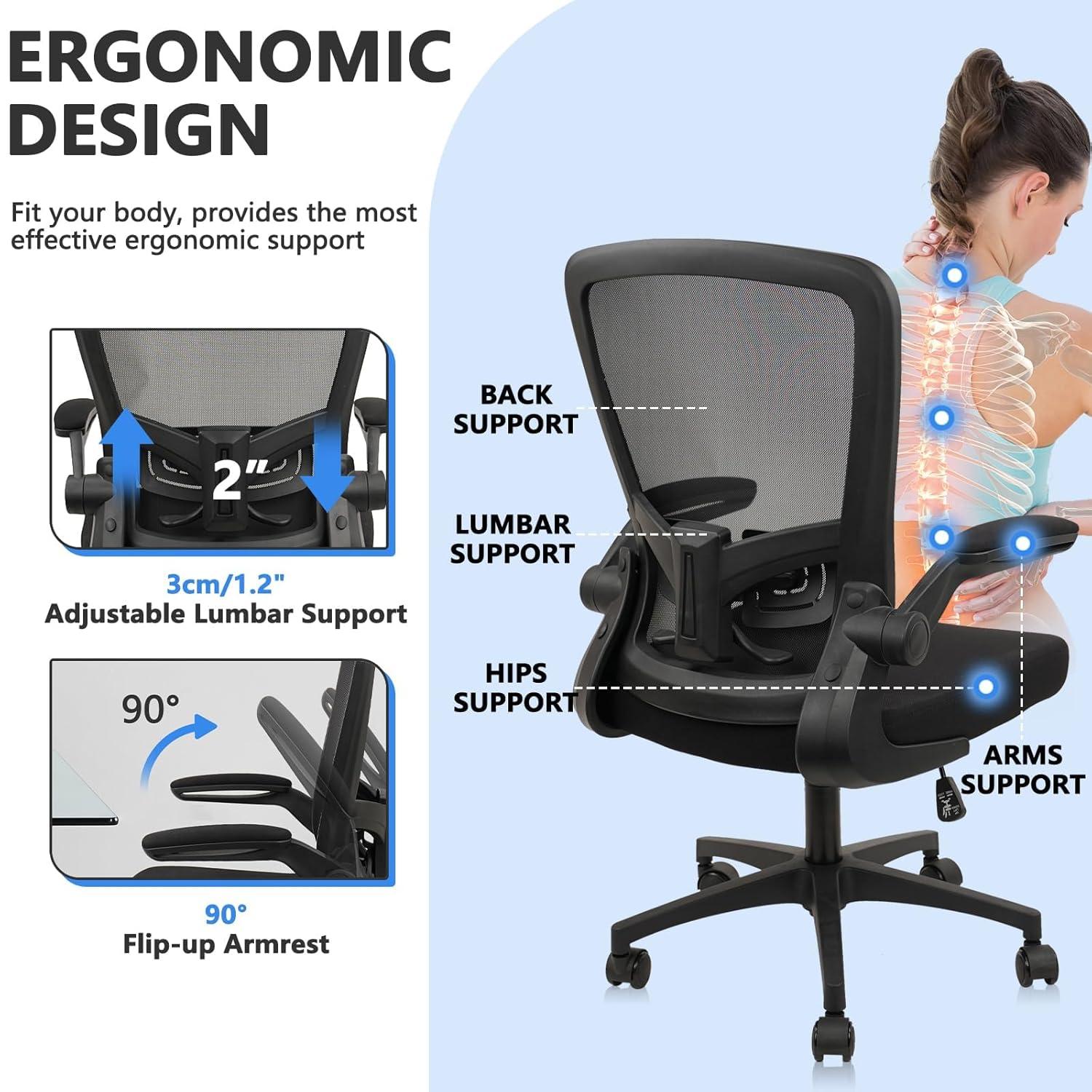 Clatina KLASIKA Ergonomic Office Desk Chair Mesh Back Flip Up Armrests Adjustable Height and Lumbar Support Swivel Chairs with Wheels