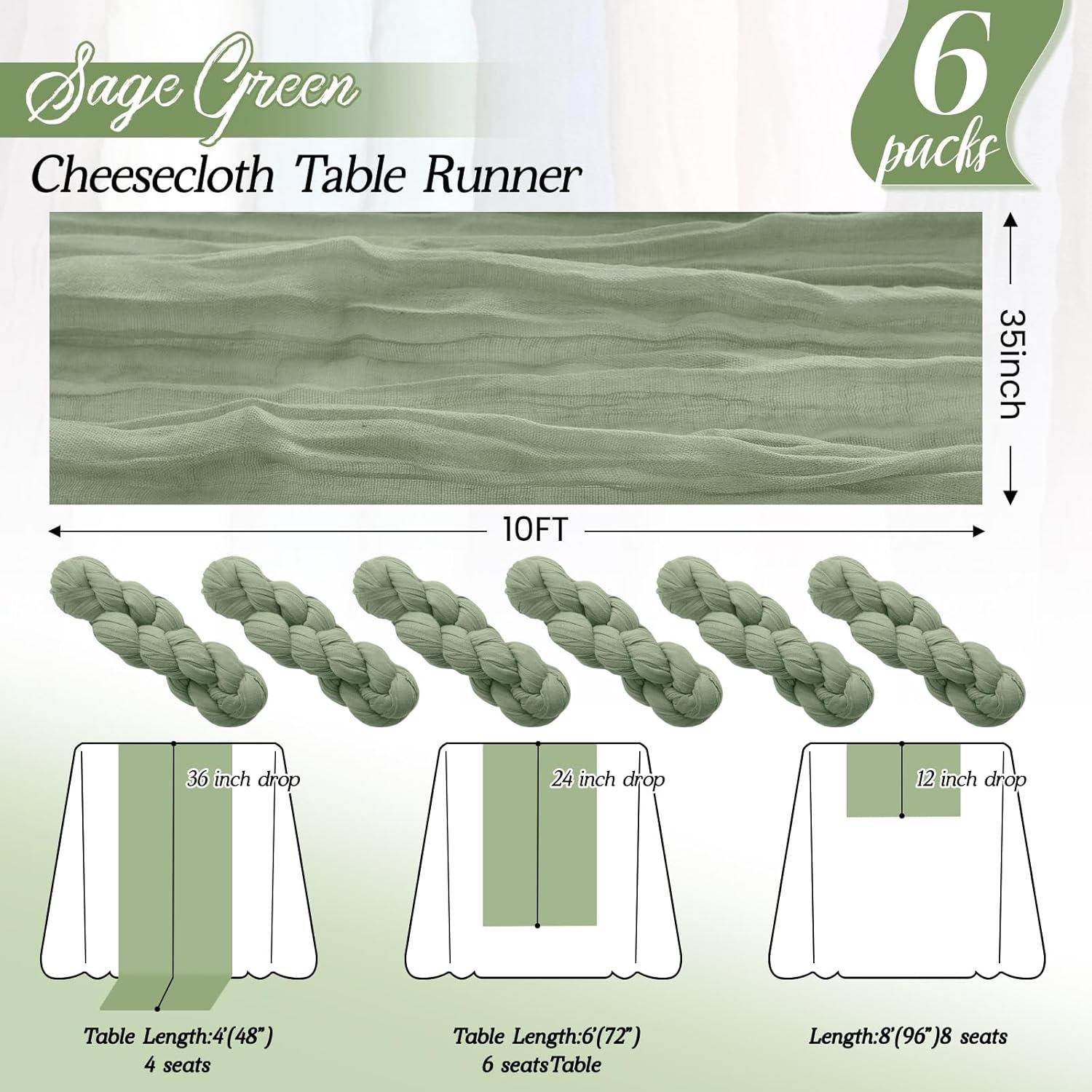 Mint Green Cheesecloth Table Runner 6 Pack 35" Boho Gauze Runner 120 inches Long Tablecloth Runner Rustic Sheer Fabric Bulk for Baby Shower Wedding Bridal Birthday Party Table Decorations