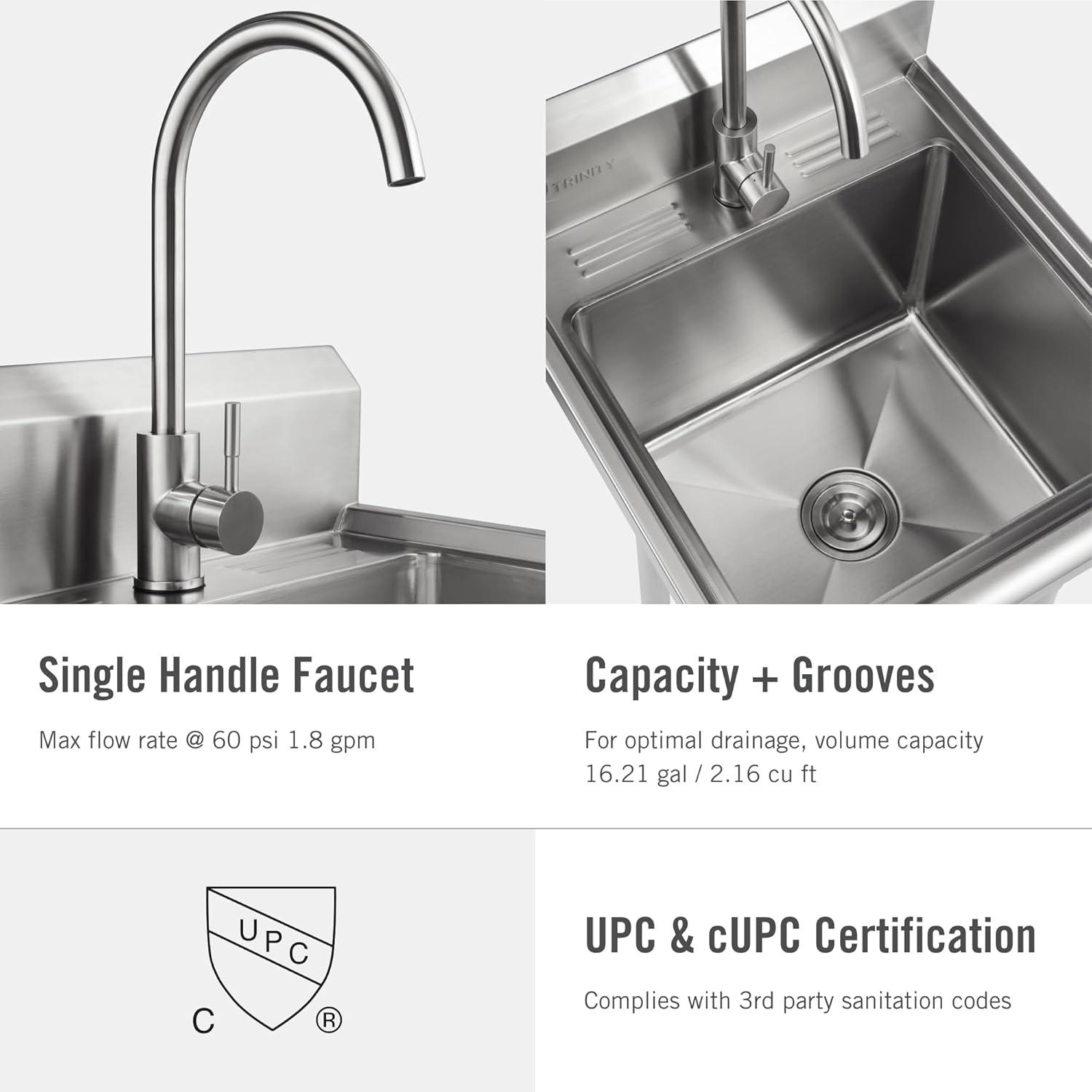 TRINITY EcoStorage 21.5 in. W x 49.3 in. H x 24 in. D NSF Stainless Steel Utility Sink w/ Faucet