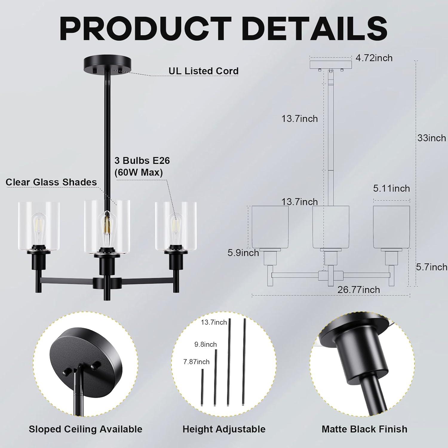 Black Chandelier for Dinning Room Living Room Island Kitchen Chandelier Light Fixtures Over Table, 3 Light Farmhouse Chandelier with Cylinder Clear Glass, Height Adjustable