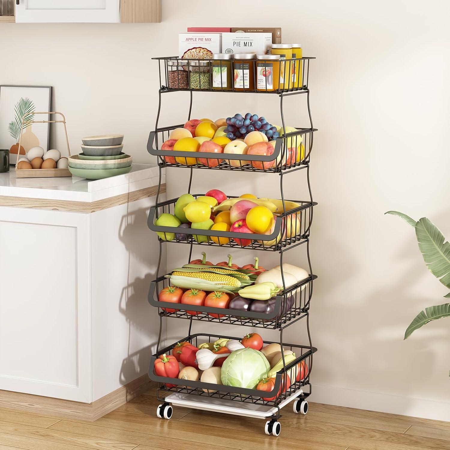 Wisdom Star 5 Tier, Kitchen Fruit Vegetable Storage Cart, Vegetable Basket Bins for Onions and Potatoes, Wire Storage Organizer Utility Cart with Wheels, Black