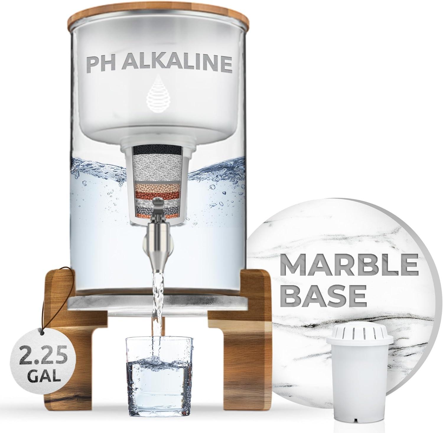 Invigorated Water pH Recharge Alkaline Water Filter Dispenser – BPA-Free Glass Countertop Water Filter Pitcher Purifier for Home & Office, 36-Cup Capacity, 360L Long Filter Life (Bamboo/Marble)