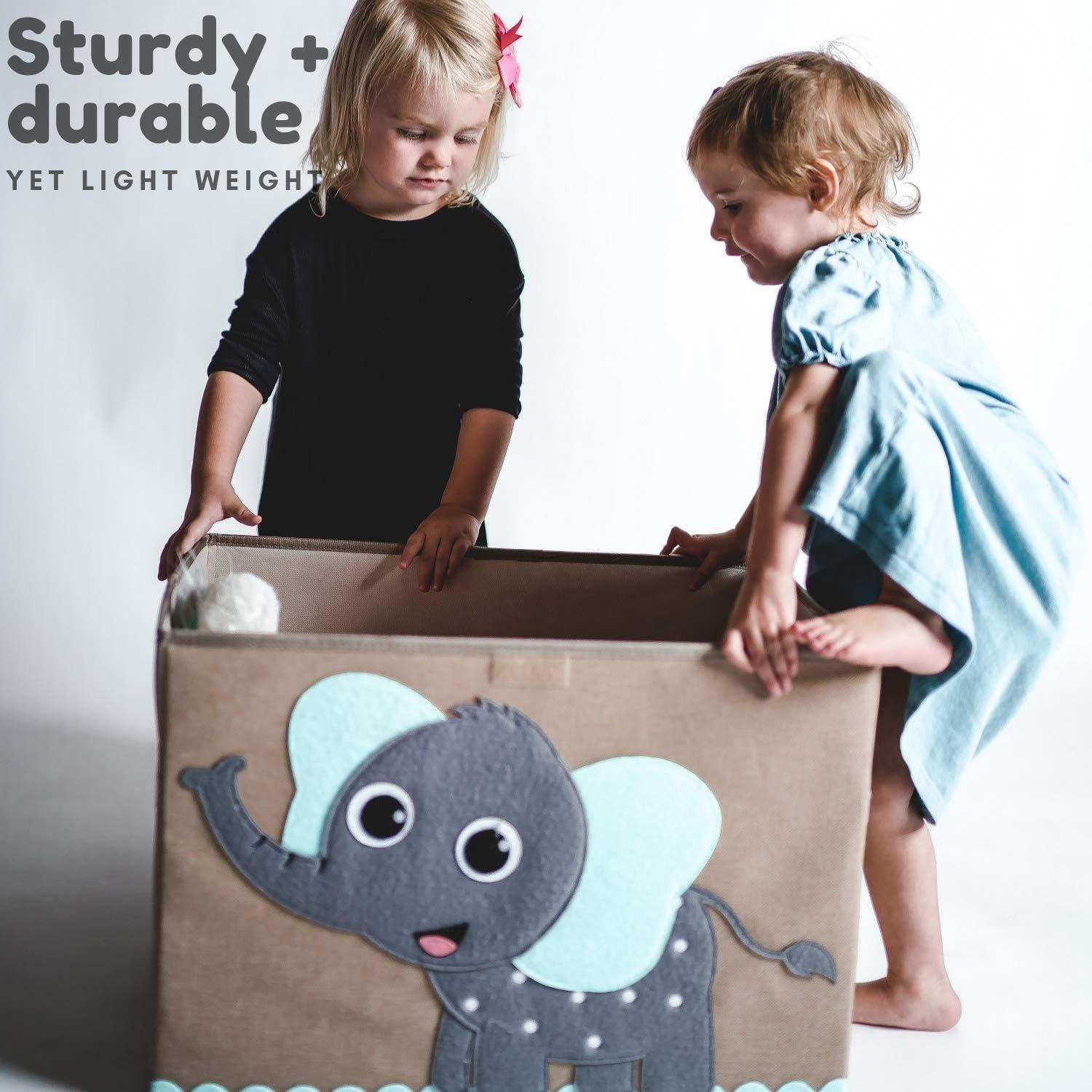 Large Beige and Gray Canvas Collapsible Toy Chest with Elephant Design