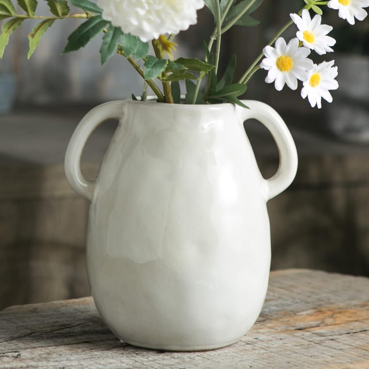 Grey Ceramic Vase with 2 Handles, Modern Farmhouse Vase for Home Decor, Rustic Terracotta Vase, Decorative Pottery Flower Vase, Clay Samll Vase, Centerpieces for Dining Table - 7 Inch Tall