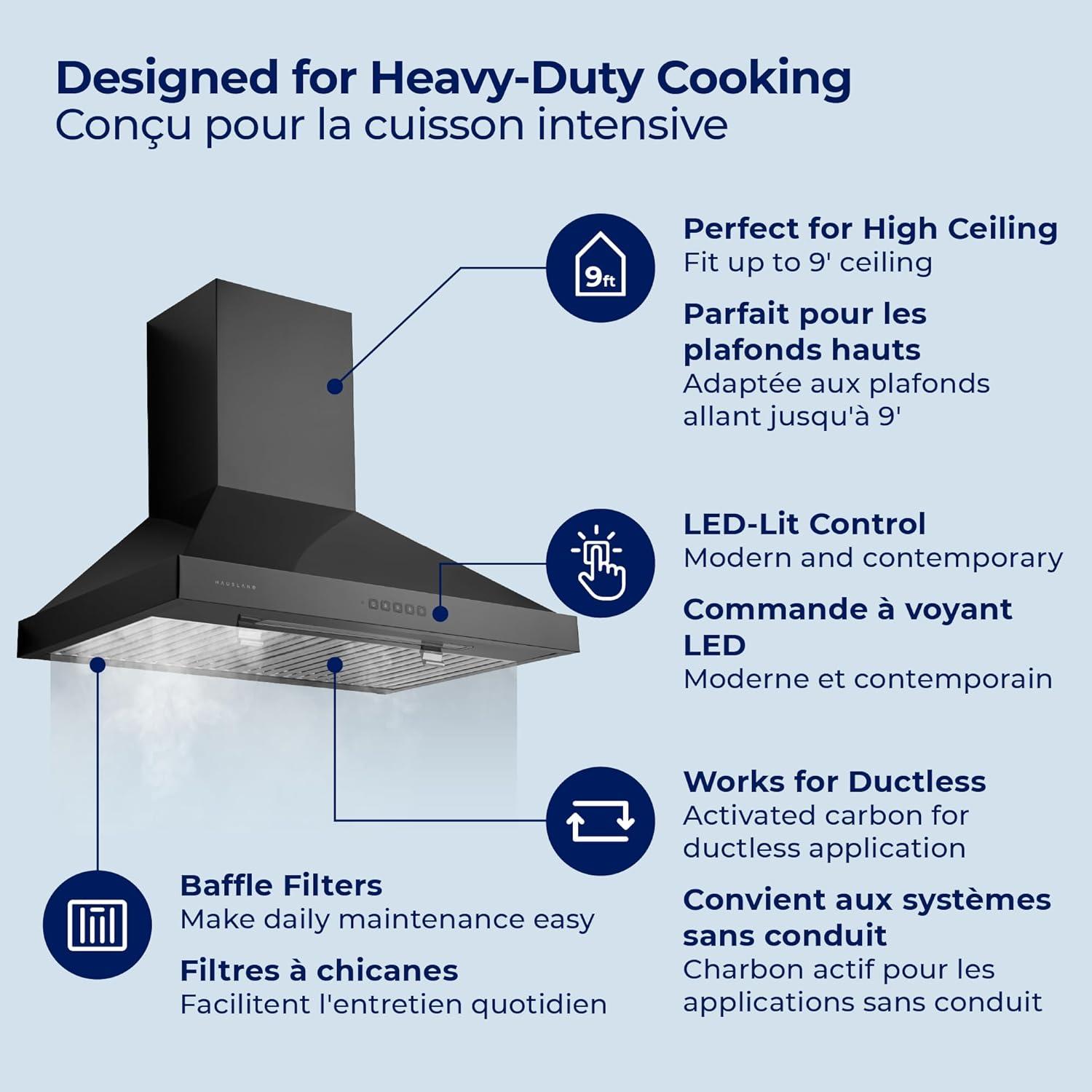 Hauslane 30" Stainless Steel Convertible Wall Range Hood with Baffle Filter