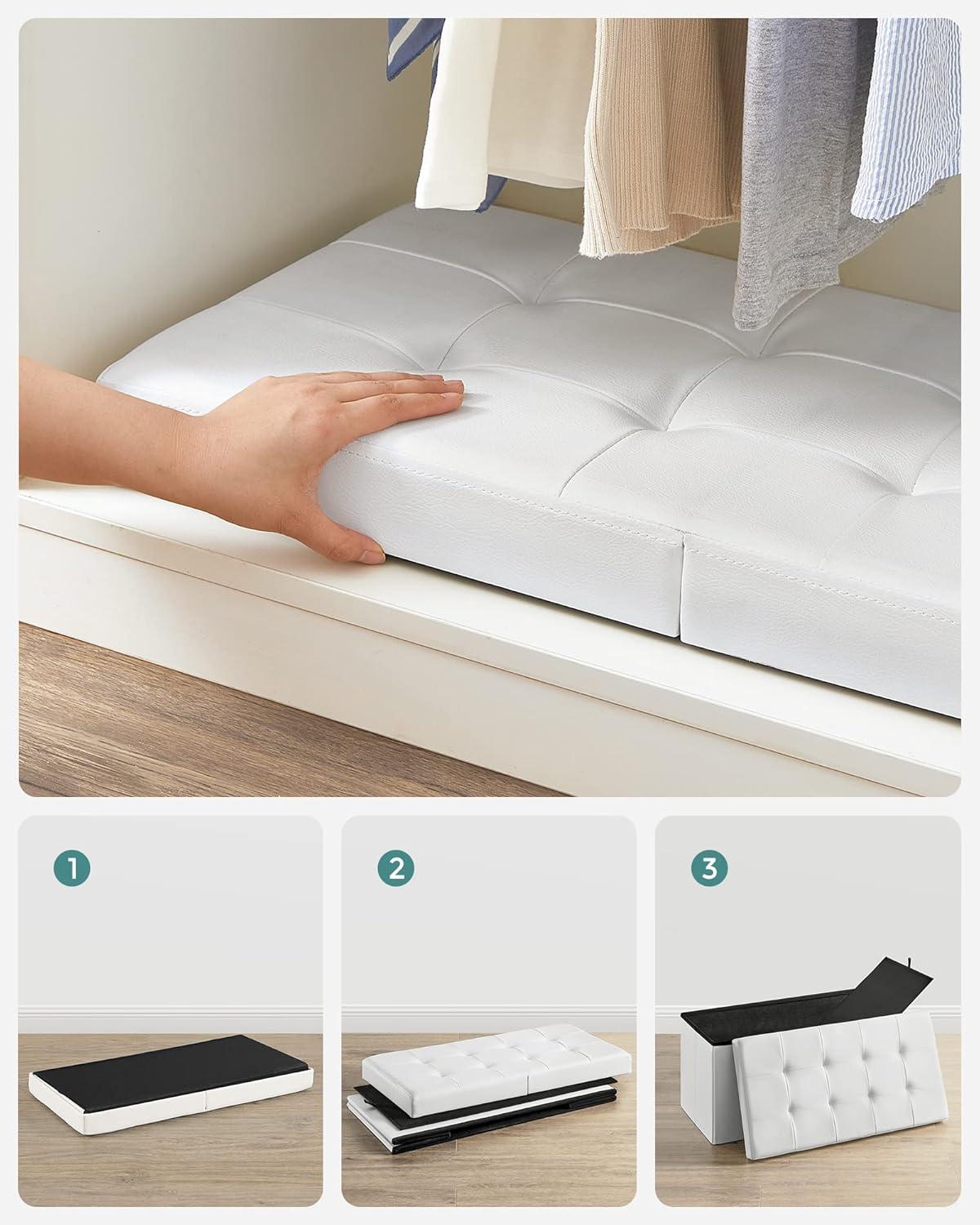 SONGMICS 30 Inches Folding Storage Ottoman Bench with Flipping Lid White