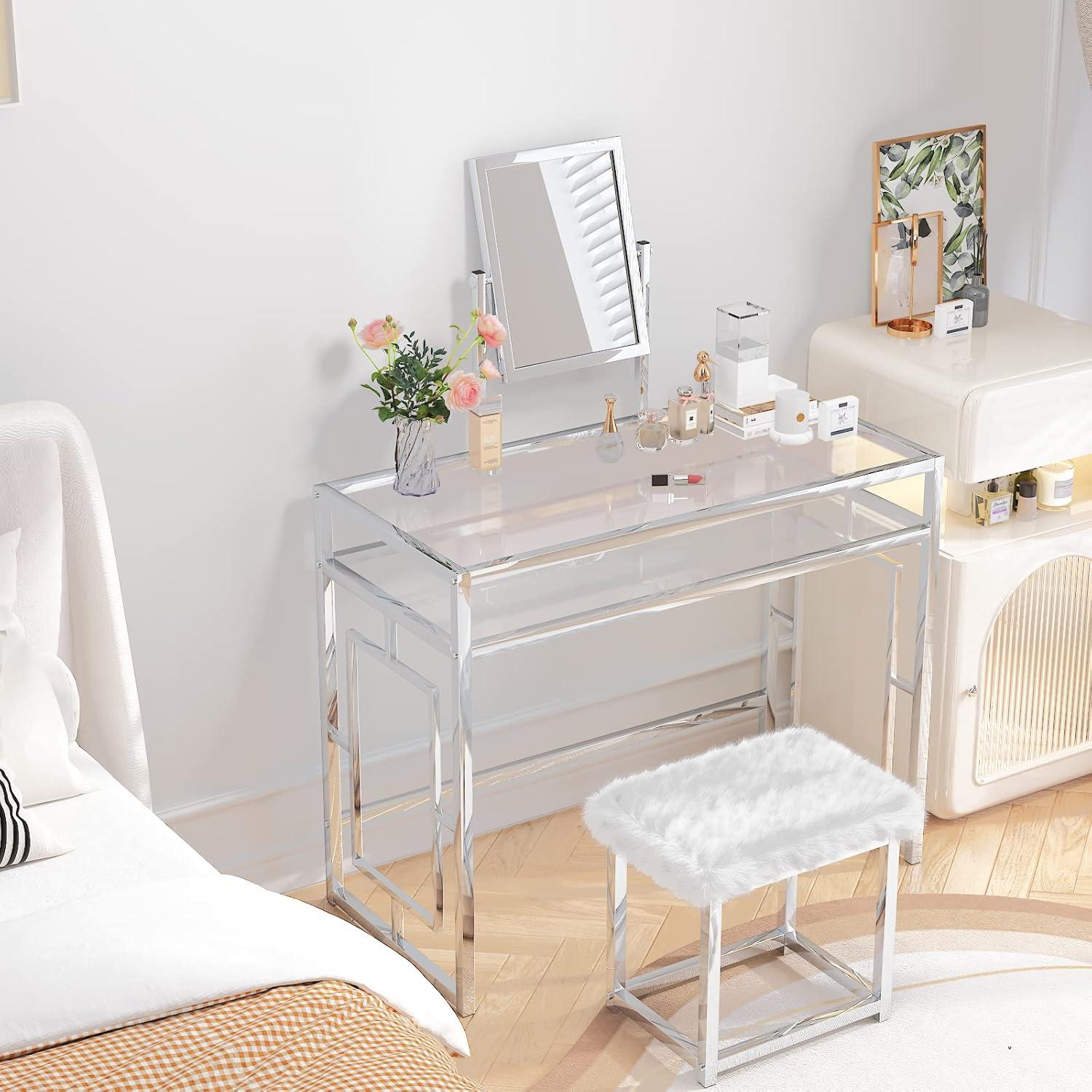Acme Furniture Carenze Ii Vanity Table White Faux Fur/Chrome Finish