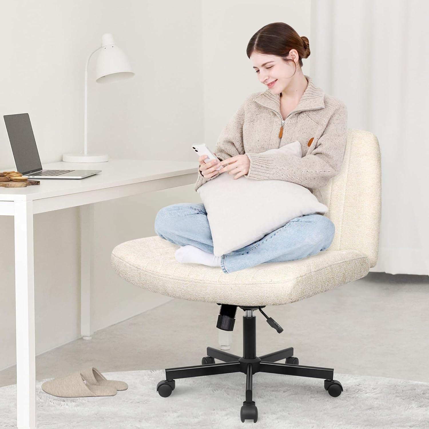 Orange Factory Beige Office Chair, Armless Criss Cross Legged Chair with Wheels, Comfy Home Office Desk Chairs, Adjustable Swivel Padded Fabric Vanity Task Computer Chair