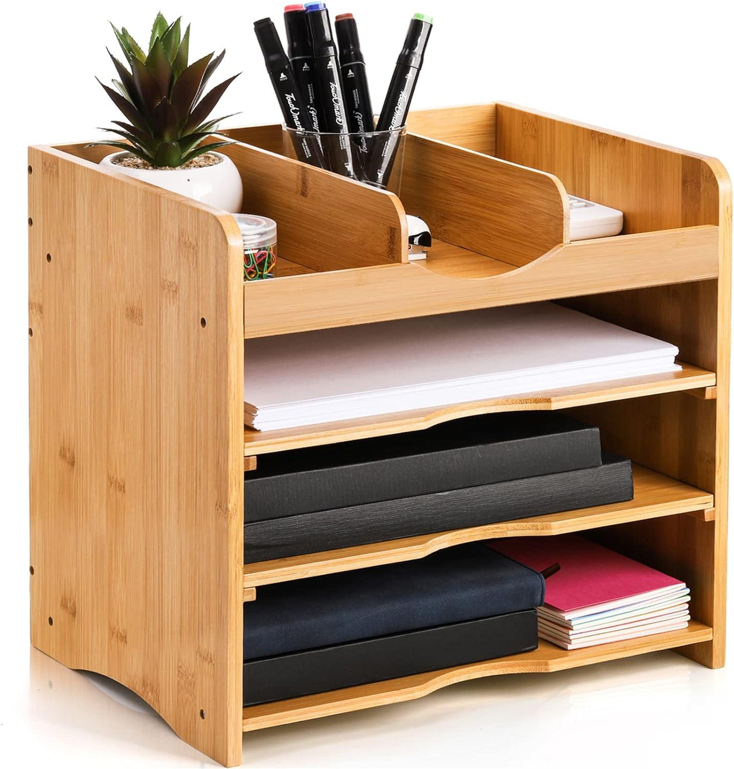 Hokku Designs Bamboo Desk File Organizer,Document Letter Tray Sorter With 2 Adjustable Shelves, 4 Tier Mail Organizer Countertop