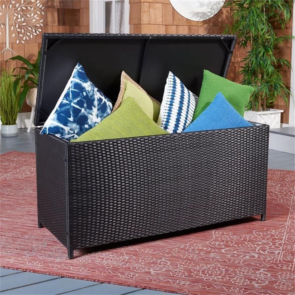 Oliveira Outdoor Cushion Deck Box - Black/White Cushion - Safavieh