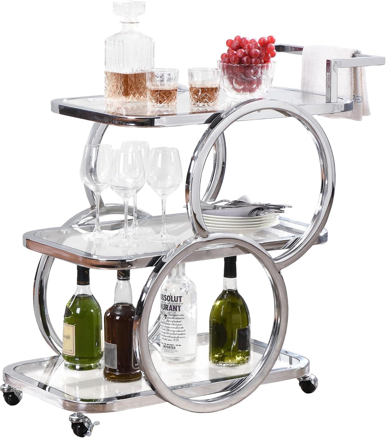 Silver Chrome 3-Tier Glass Bar Cart with Storage