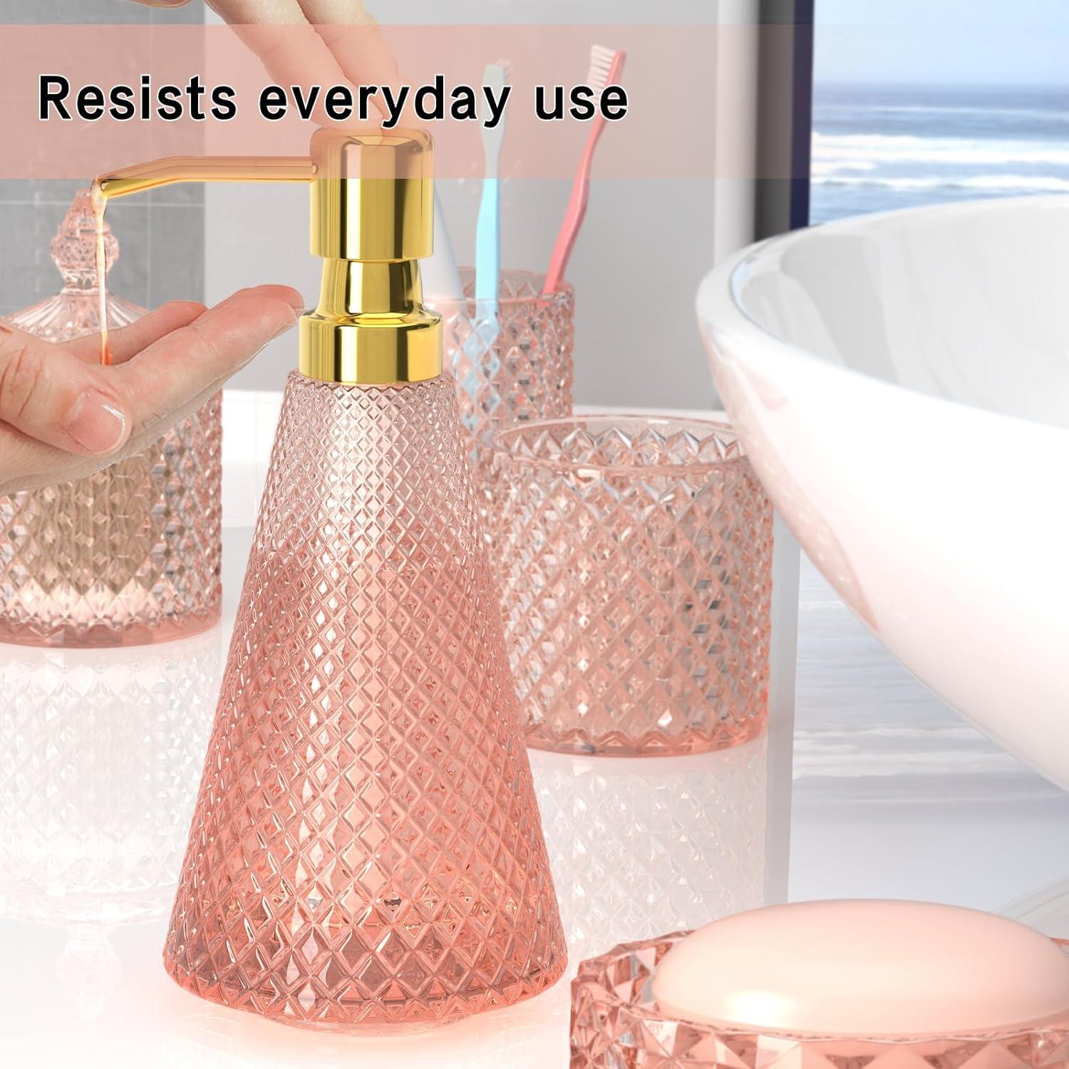 Pink Diamond-Cut Glass and Gold Bathroom Accessory Set