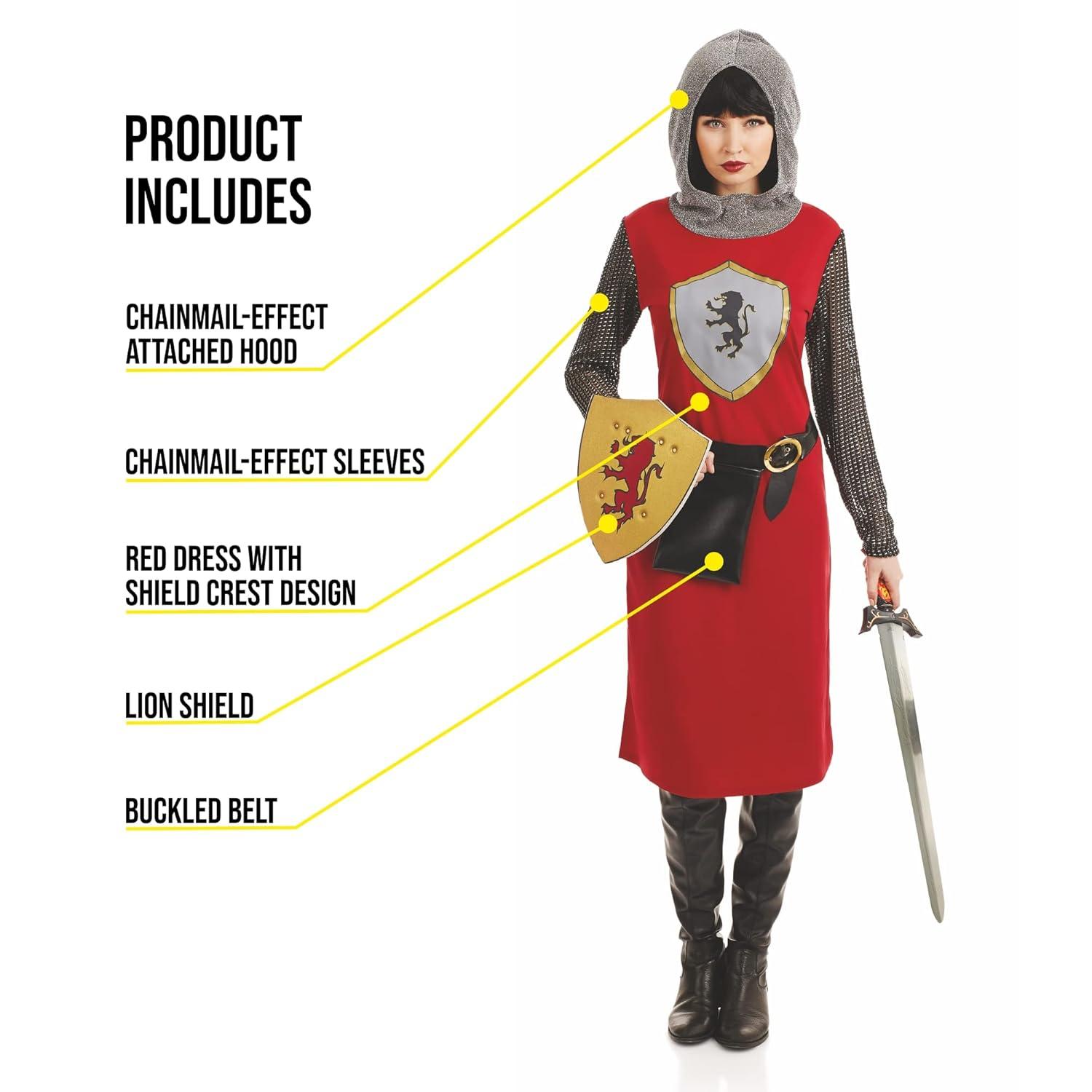 Fun Shack Womens Red Knight Costume Ladies Medieval Crusader Fancy Dress Joan of Arc Halloween Red S