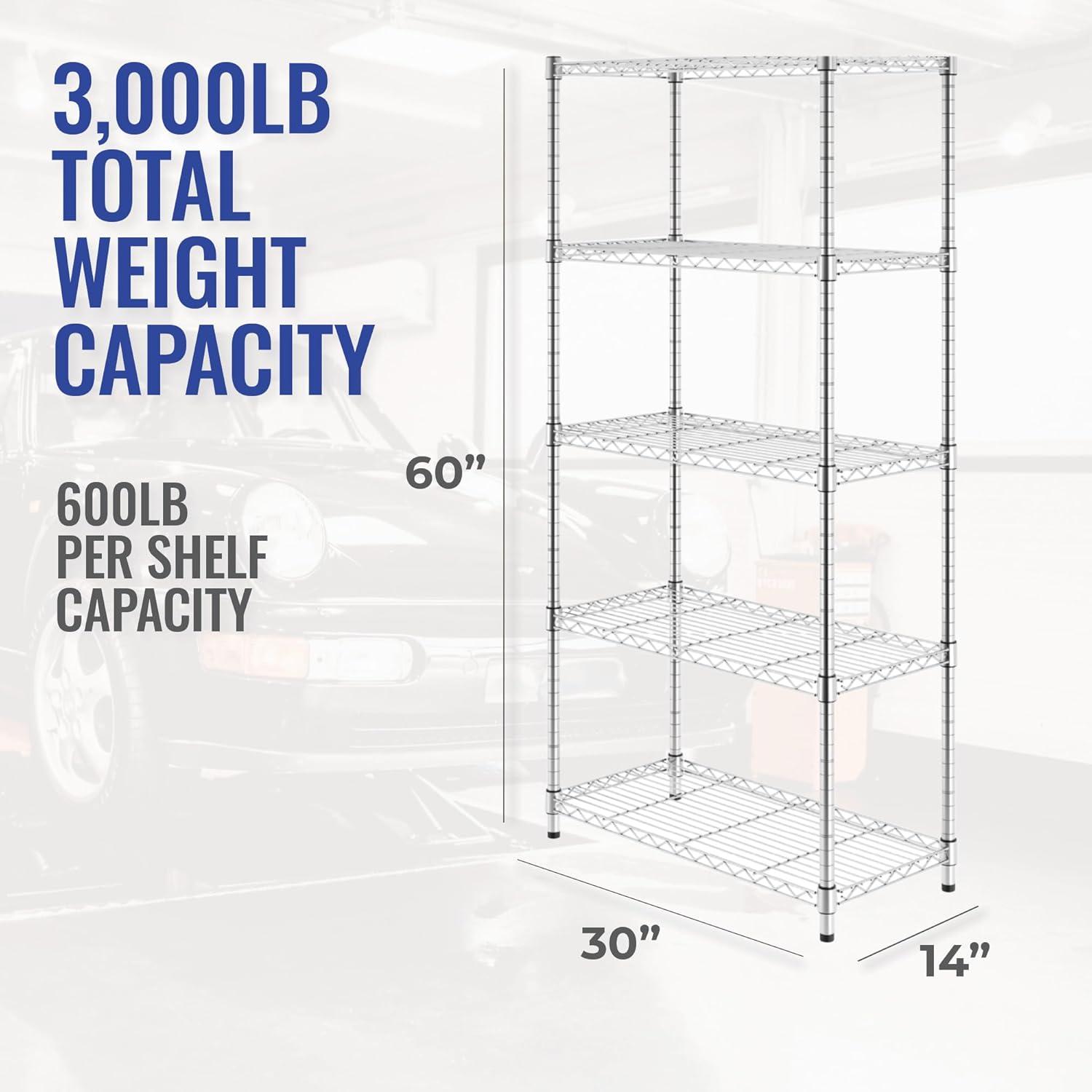 SafeRacks 30"x14"x60" 5-Tier Steel Wire Shelving with Adjustable Shelves - 3000 lb Capacity