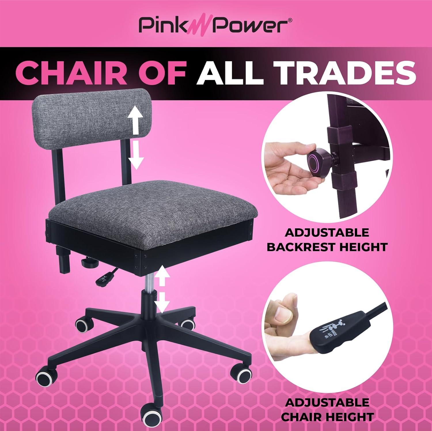 Pink Power Hydraulic Sewing Chair with Wheels and Adjustable Back Support - Armless Chair for Sewing, Crafting