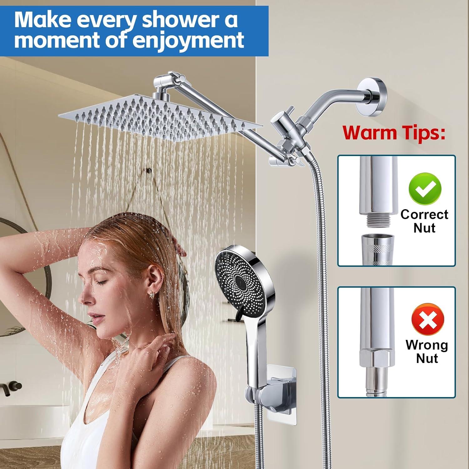 Chrome Dual Shower Head with Handheld Spray and Adjustable Arm