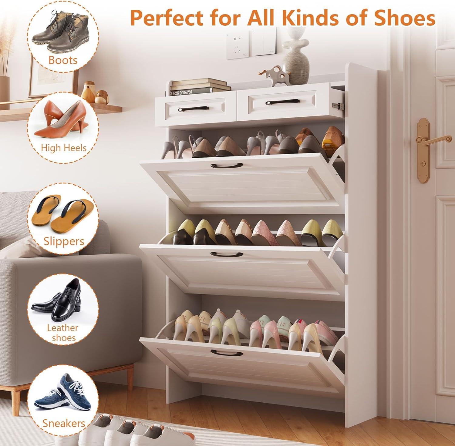 Miniyam Shoe Cabinet, Flip Down Shoe Rack with Drawers, Freestanding Shoe Storage Organizer for Entryway, White