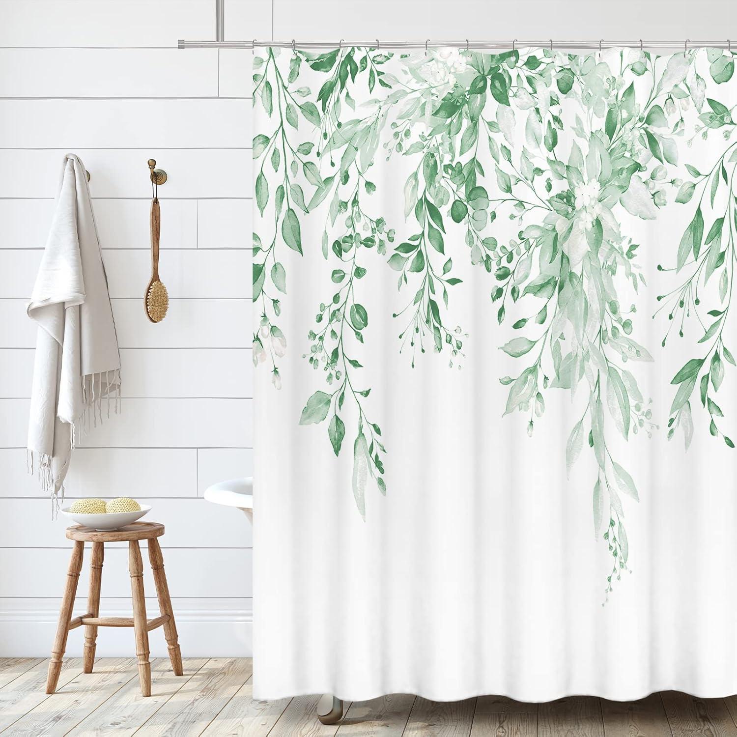 Eucalyptus Watercolor Leaves Semi-Sheer Waterproof Shower Curtain