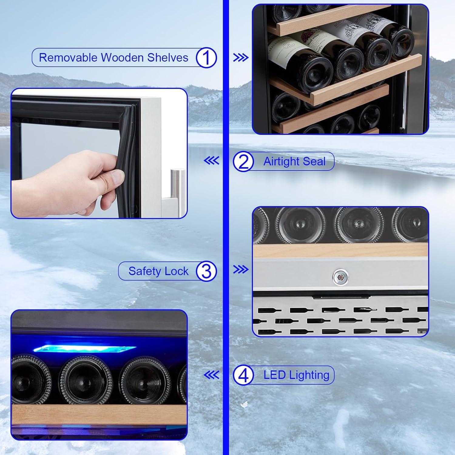 28 Bottle Wine Cooler Refrigerator - Double-Layer Glass Door, Temperature Stable, Digital Touch Control, Single Area Dual Temperature, with Safety Lock, Built-in or Freestanding