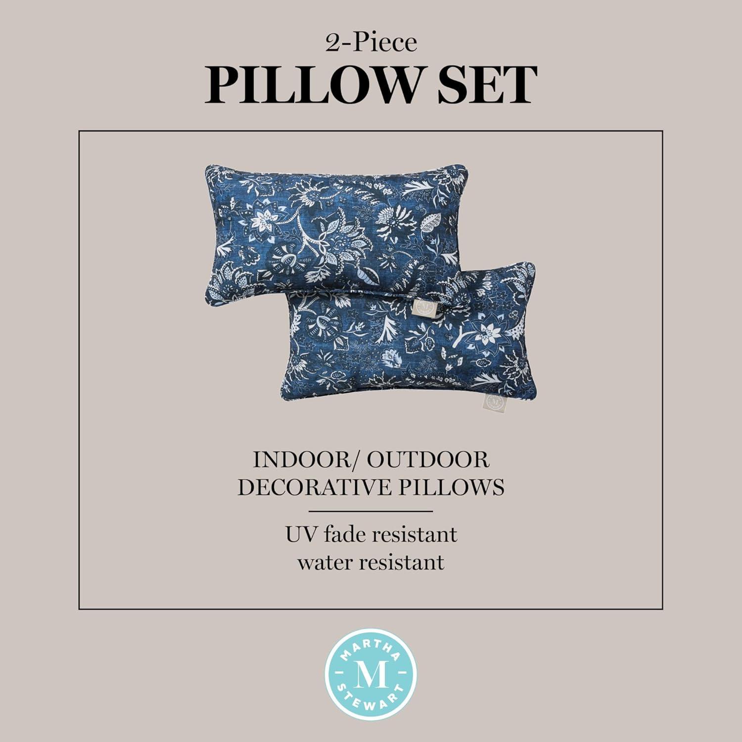 MARTHA STEWART Distressed Jacobean Indoor Outdoor Decorative Lumbar Pillow 2-Pack Set, UV Fade Resistant, Water Repellent, Printed Floral Design, Navy Blue, 11"x18"