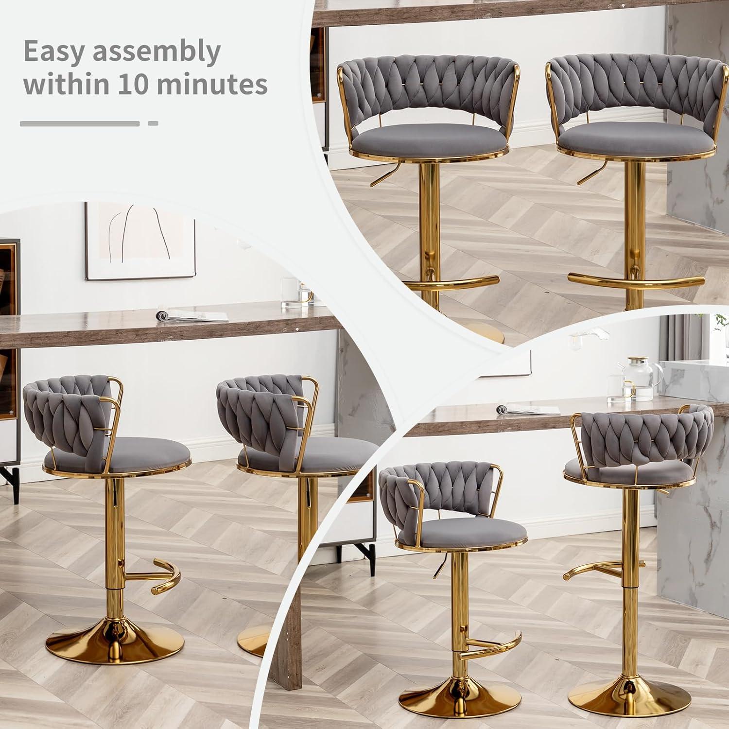 Velvet Bar Stools Set of 2, Counter Height Bar Stools with Low Back, Gold Swivel Barstools for Kitchen Island, Bar Pub (Grey)