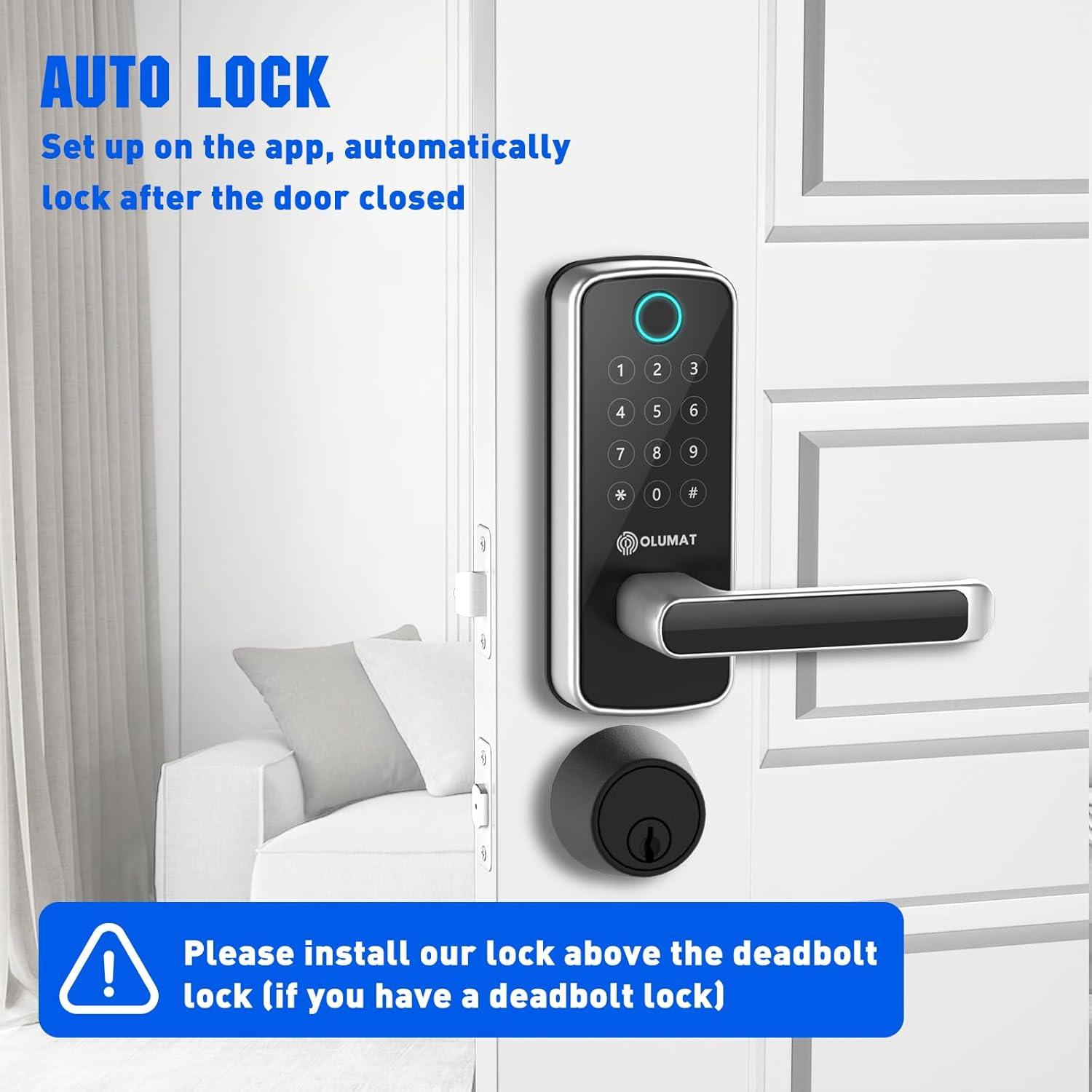 Smart Lock with Handle: Wi-Fi Keyless Entry Door Lock - Smart Locks for Front Door - Biometric Fingerprint Door Lock - Smart Door Lock with Keypad - Garage Door with App Control - Auto Lock