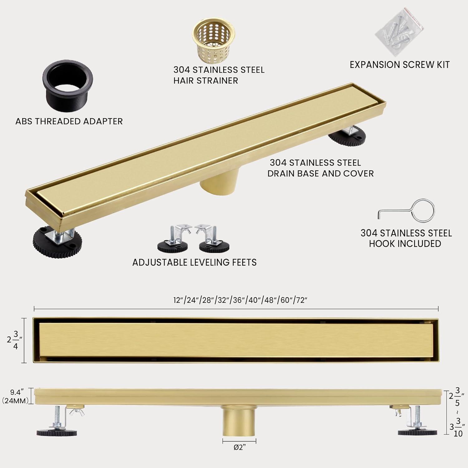 24-Inch Brushed Gold Stainless Steel Linear Shower Drain